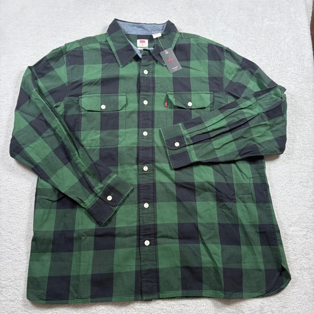 Levis Mens The Worker Relaxed Fit Shirt XL Green Black Buffalo Plaid Pearl Snap